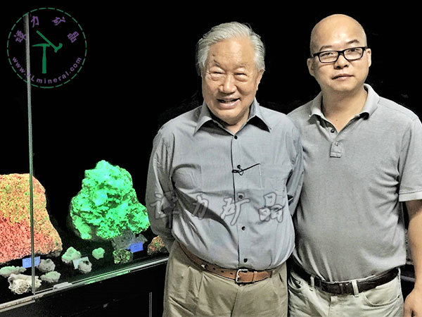 原地礦部部長(zhǎng)宋瑞祥（左）視察譚力的熒光礦物展廳。